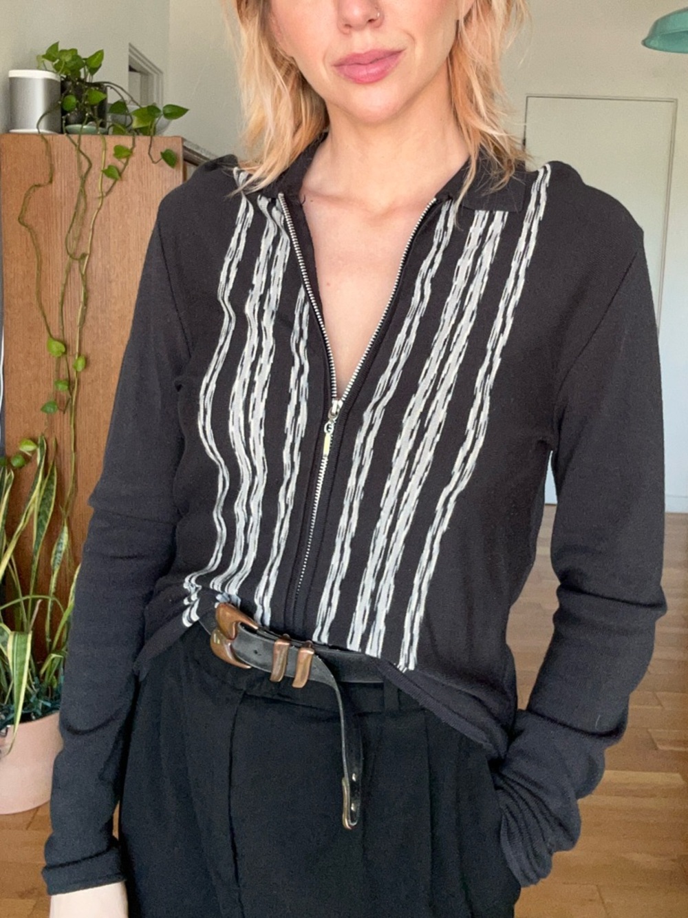 Emanuel Ungaro Black Zip-Front Sweater with Cream Vertical Stitching